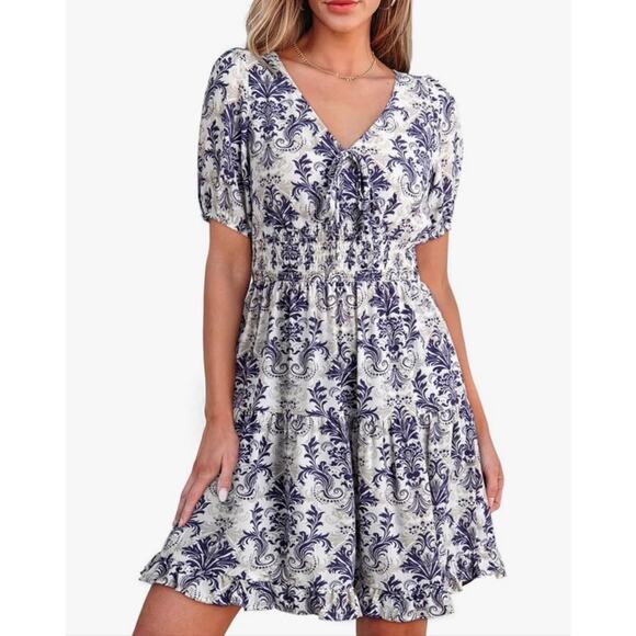 Women Lantern Sleeve Mini Dress Elastic Waist A-Line Blue Baroque Print Size L - Picture 4 of 7
